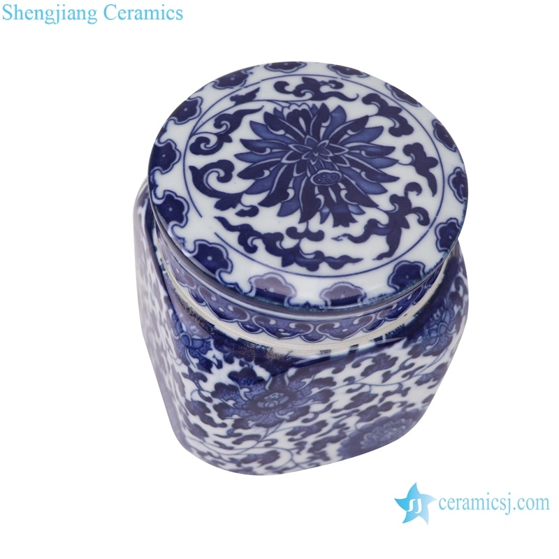 Blue and White Porcelain Round Shape Twisted Leaf Tea Jar Canister